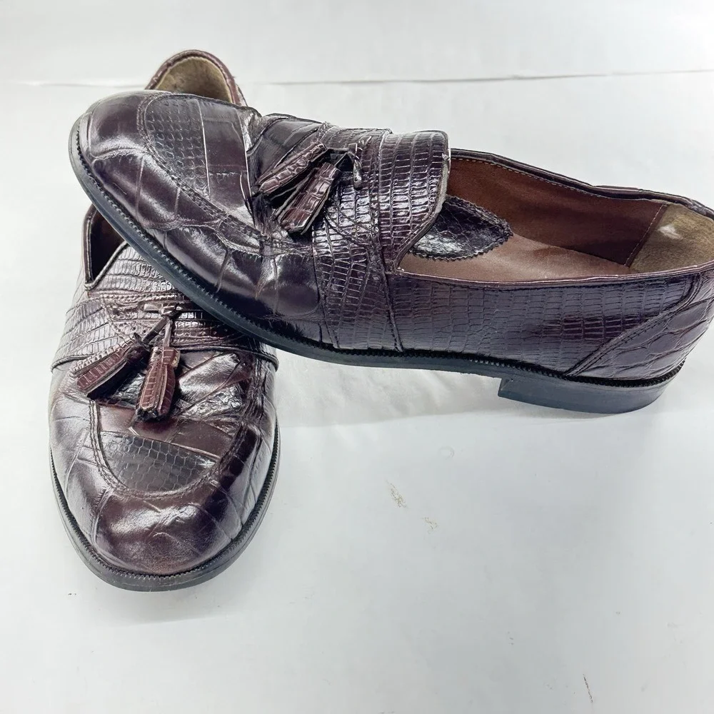 Stacy Adams Genuine Snake Loafer 10M Cognac Burgundy Leather Tassel Dress Shoes